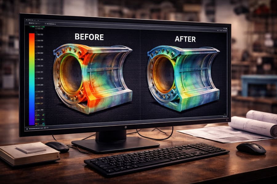A computer screen showing an FEA simulation. The 'before' image shows a design with red stress hotspots. The 'after' image shows a refined design where the stress is an even green/yellow color.