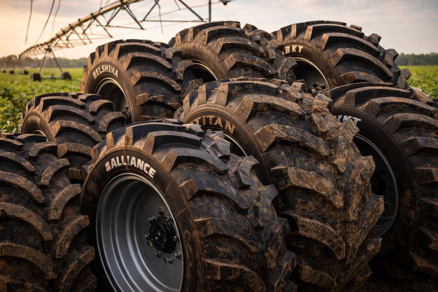 A stack of various new irrigation tires from different brands ready for testing.