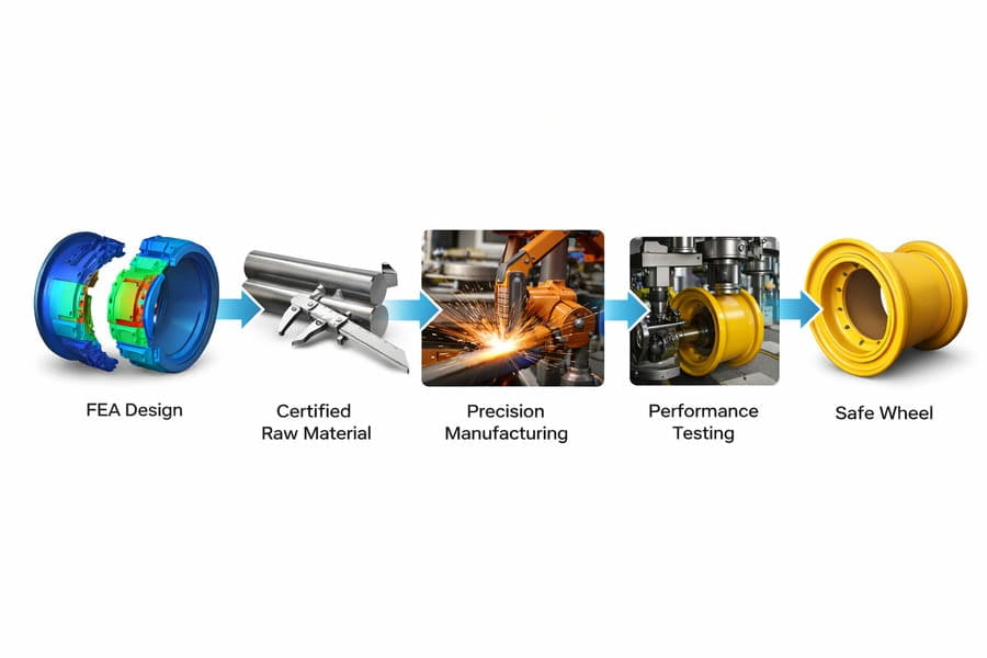 A flowchart showing the process of wheel safety: 'FEA Design' -> 'Certified Raw Material' -> 'Precision Manufacturing' -> 'Performance Testing' -> 'Safe Wheel'.