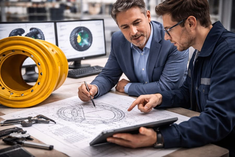 A procurement manager and an engineer looking at a wheel blueprint together, having a collaborative discussion.