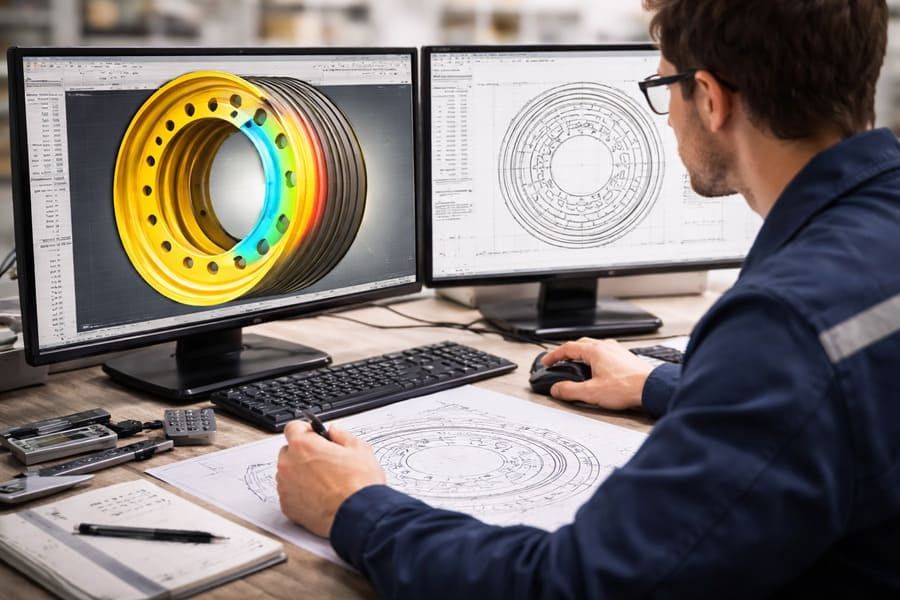 An engineer at a computer using CAD software to redesign a wheel disc, adding material around the bolt holes to compensate for a new offset.