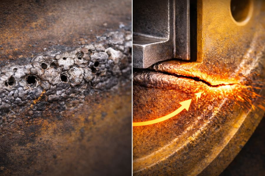 A split image: On one side, a "Bad Weld" with visible pores and gaps. On the other, a "Bad Offset" failure showing a clean fatigue crack starting at the HAZ.