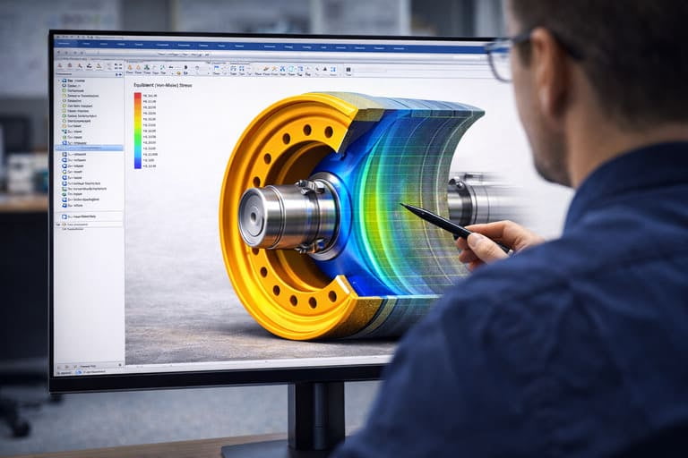 An image of an engineer using Finite Element Analysis (FEA) software, showing low, evenly distributed stress (in blue and green) on a well-designed wheel.