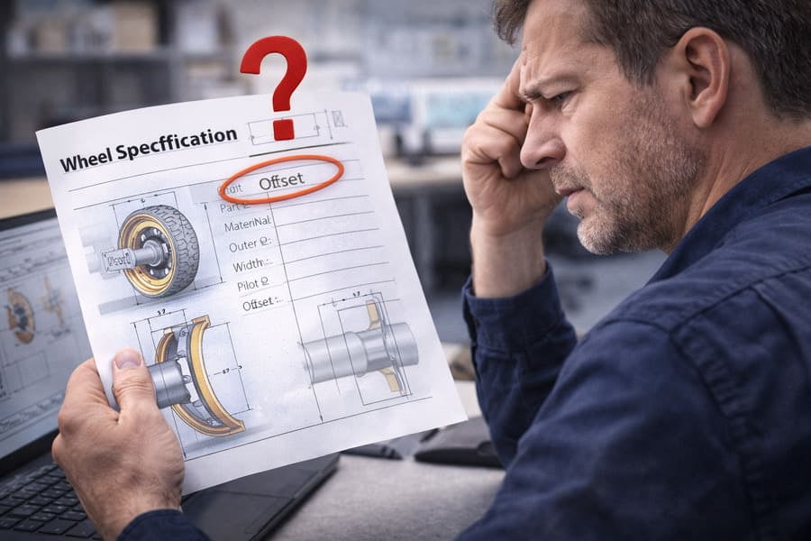 A procurement manager looking at a wheel specification sheet with a question mark over the 'Offset' dimension, appearing confused.