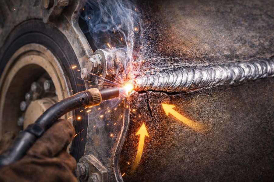 A cracked OTR wheel with a new, thicker weld being applied over the old crack as a futile repair.