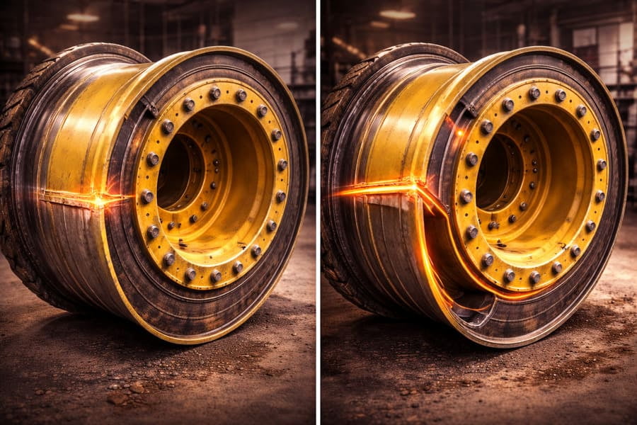 A side-by-side comparison of a standard rim and a custom-reinforced rim, with extra thickness and better welds in critical stress areas.