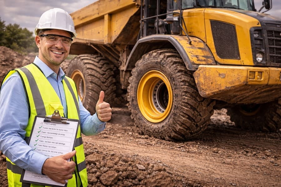 A quality manager holding a checklist and giving a thumbs-up to a wheel that is clearly undersized for a massive tractor behind it.