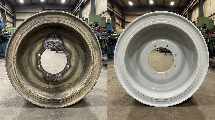 A side-by-side image: on the left, a cracked and damaged OTR wheel with a red 'X' over it. On the right, a brand new, pristine OTR wheel with a green checkmark.