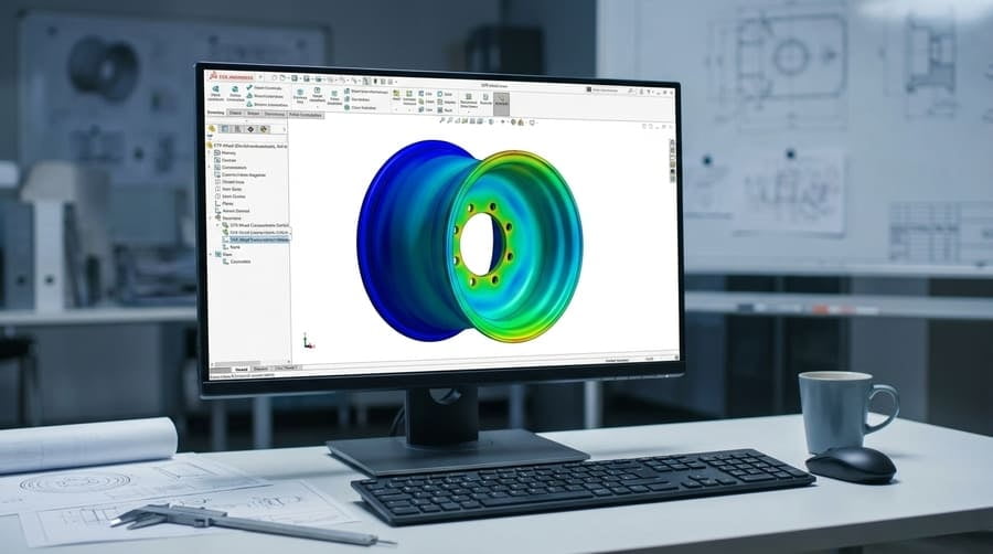 A picture of a computer screen showing a Finite Element Analysis (FEA) model of a wheel, with smooth color gradients indicating well-distributed stress.