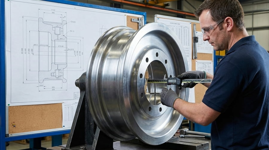 A photo of an engineer using calipers to measure the offset on a physical OTR wheel, with a technical drawing in the background for comparison.