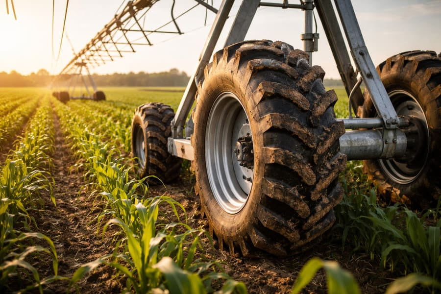 An irrigation pivot system in a field with a focus on the tire.