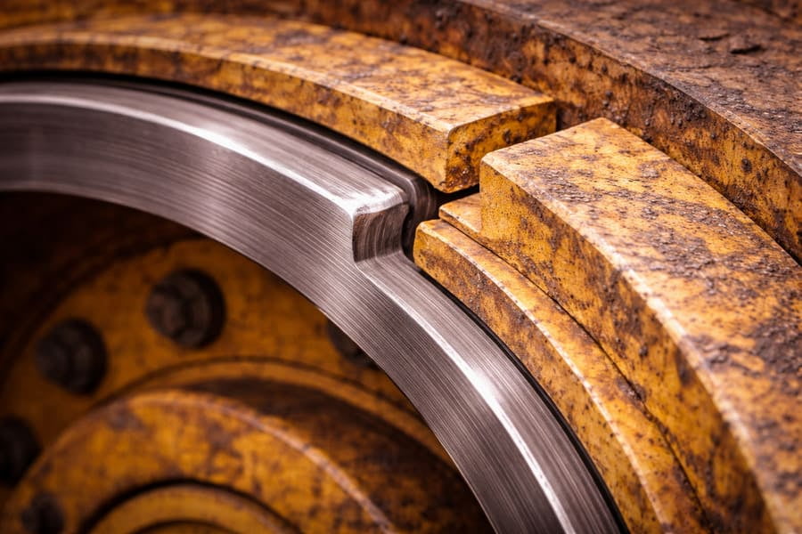 A close-up of a multi-piece OTR wheel's lock ring, showing its intricate profile.