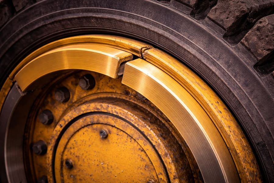A close-up of a multi-piece OTR wheel, highlighting the side ring's position next to the tire bead.