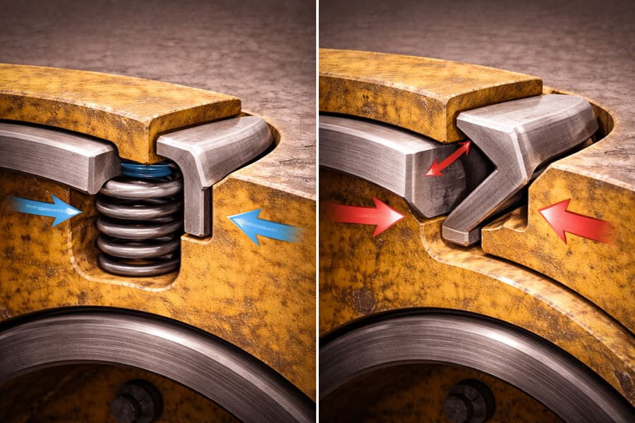 A diagram showing two different locking mechanisms: one based on spring force, the other on a wedge effect.