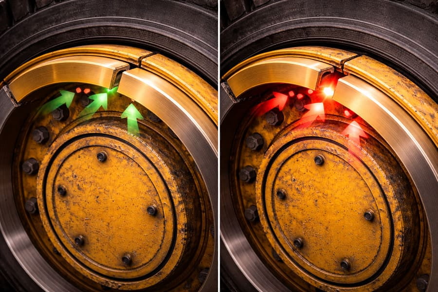An animation showing a correct load path on a healthy wheel versus a distorted load path on a wheel with a bent side ring.