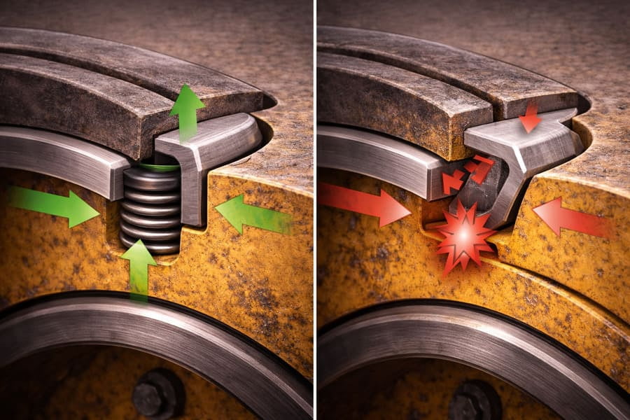 An illustration showing the correct load path in a wheel assembly versus a broken load path with a mismatched ring.