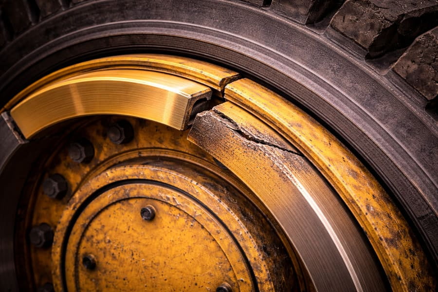 A photo showing fatigue cracks on a wheel component, traced back to a long-term issue with a side ring.