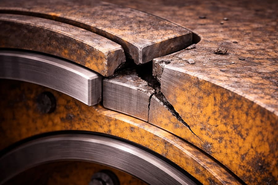 A photo of a failed wheel component with a crack originating from a high-stress point.