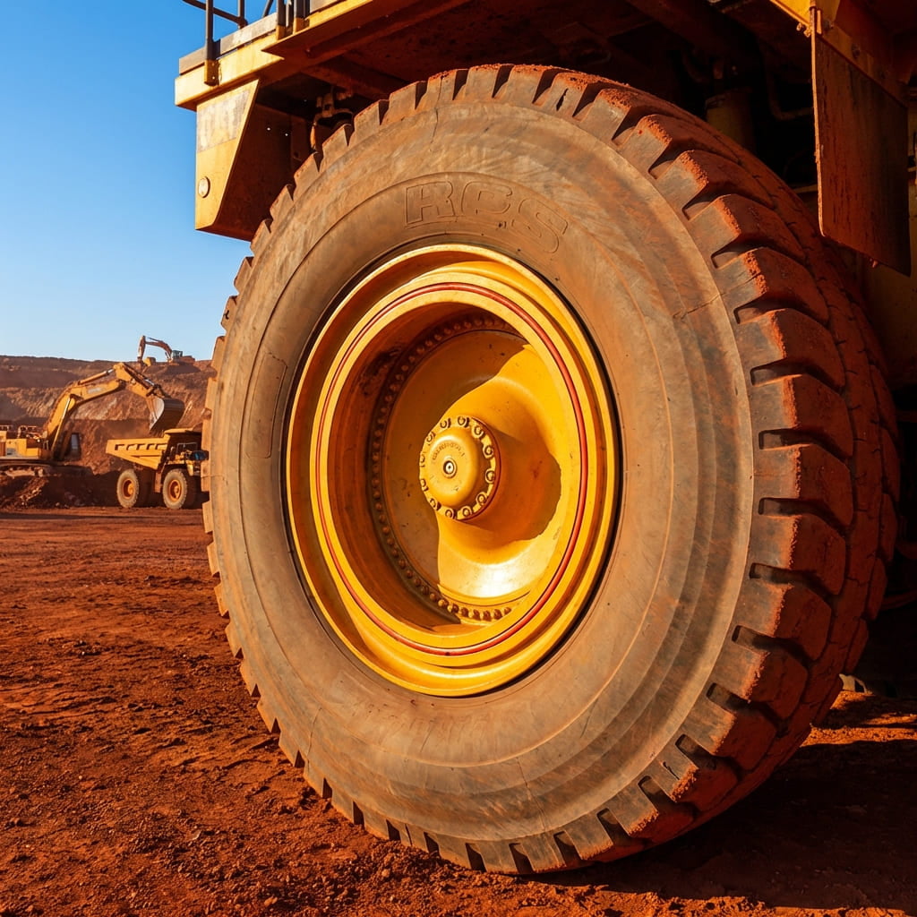 OTR wheel installed on loader at mining site