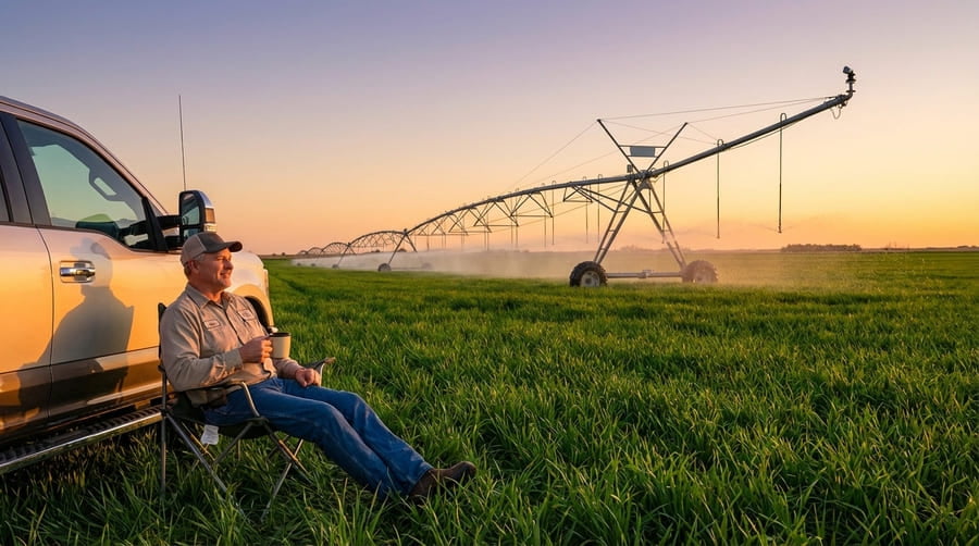 A dealer relaxing with a coffee while a center pivot irrigates a field in the background.