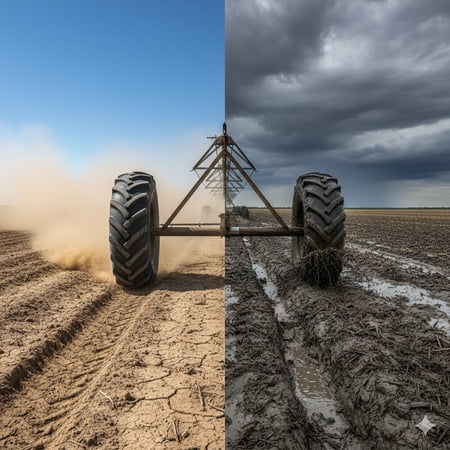 A single irrigation tire shown in two drastically different environments: a dry, sandy field and a wet, muddy one.