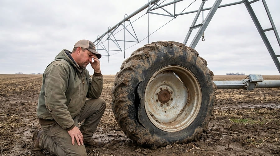 A frustrated farm manager looking at a failed irrigation tire in a field.