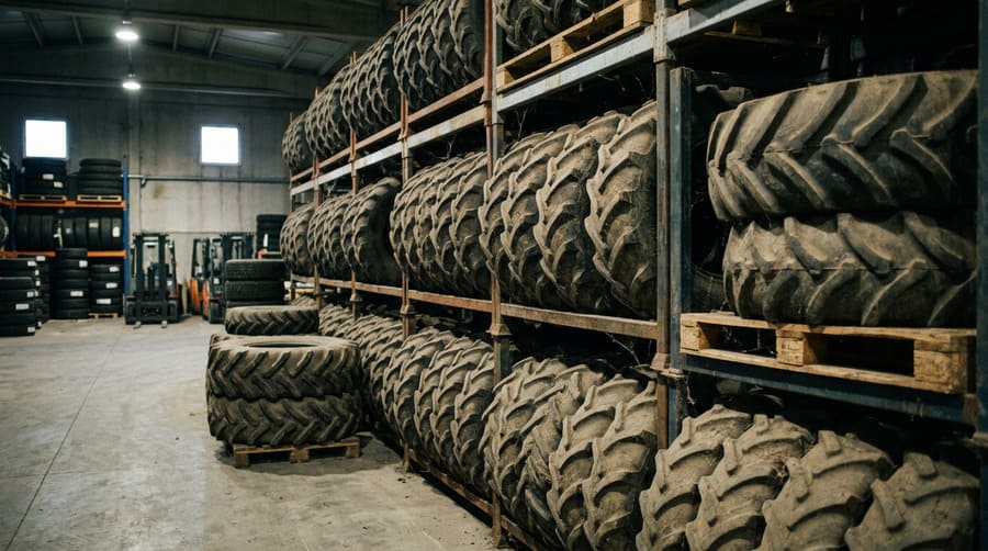 A warehouse with dusty, obsolete irrigation tires in a dark corner.