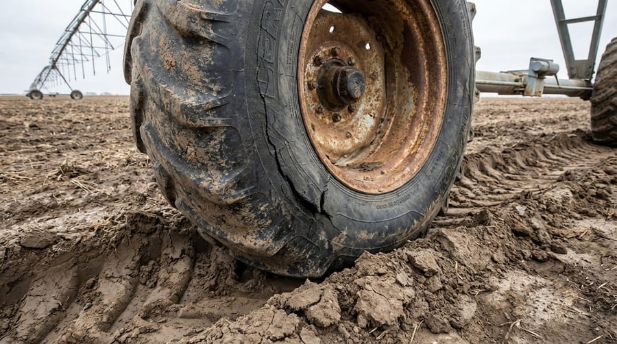 A wide irrigation tire showing unexpected sidewall stress cracks.