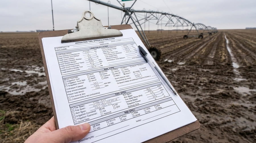 A professional-looking irrigation tire specification template on a clipboard in a field.