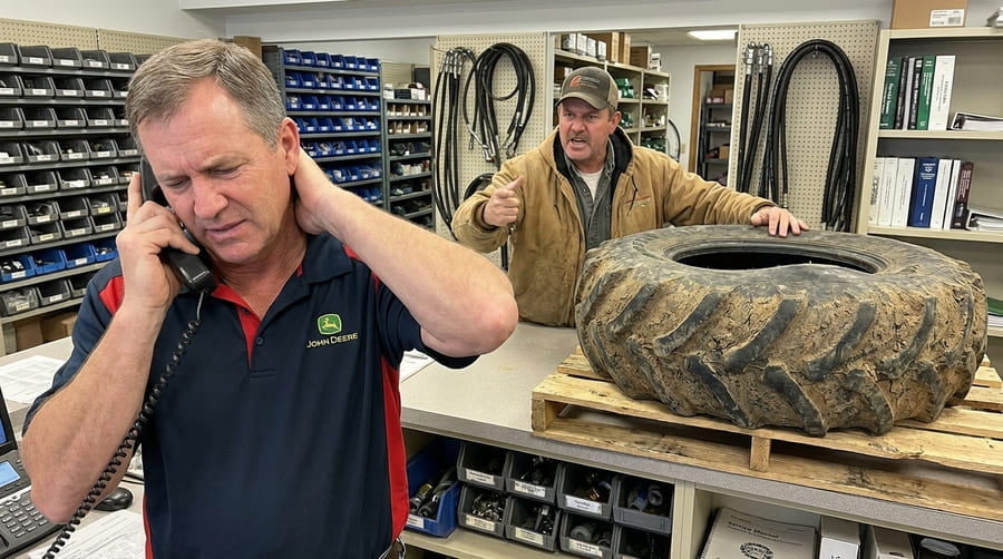A frustrated dealer on the phone with a customer in the background.