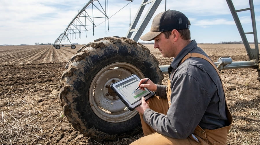 A technician using a tablet to log data next to an irrigation tire before the season starts.