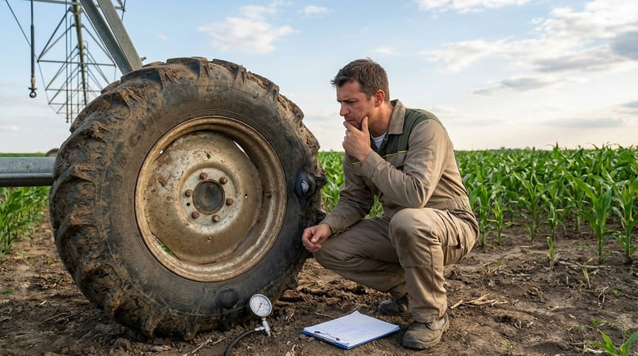 A technician inspecting an irrigation tire with a thoughtful expression, weighing options.