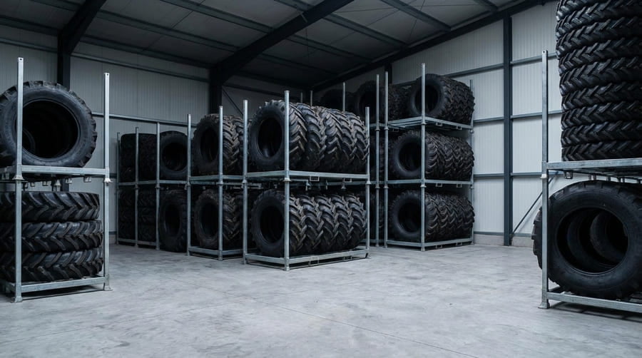 A well-organized warehouse with irrigation tires properly stored on racks.