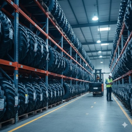 A calm, well-organized irrigation tire warehouse with neatly stacked tires.