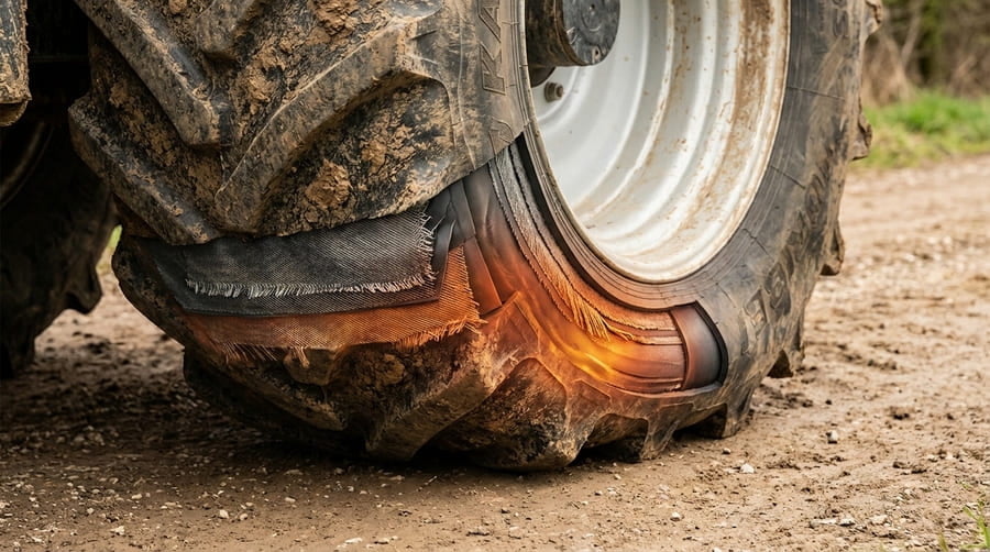 A close-up of an irrigation tire sidewall showing signs of stress or bulging under the weight of a center pivot system.