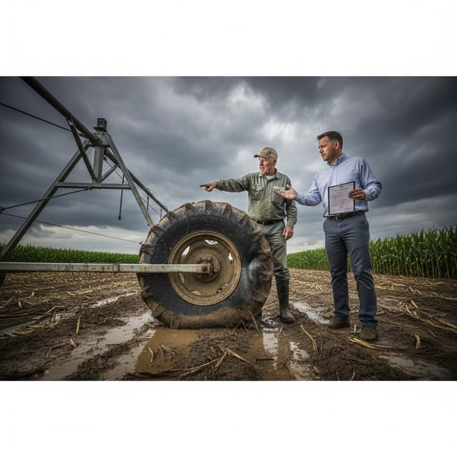 A frustrated farmer pointing at a bulging but not flat irrigation tire while talking to a dealer.