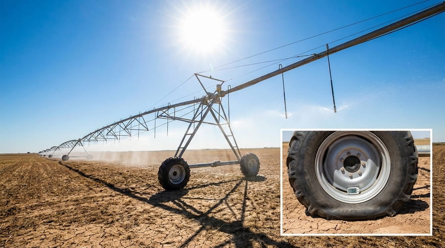 An irrigation pivot system in a field with the sun high in the sky, implying temperature changes throughout the day.