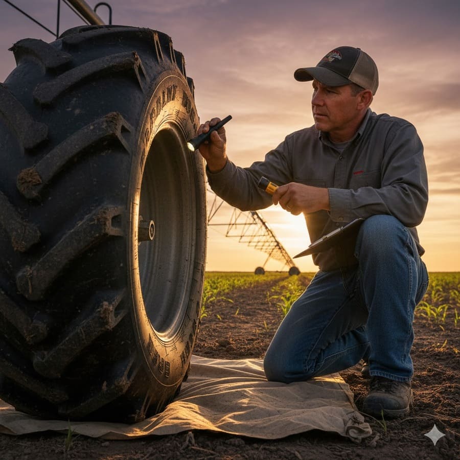 A technician carefully inspecting the sidewall of an irrigation tire for signs of wear.