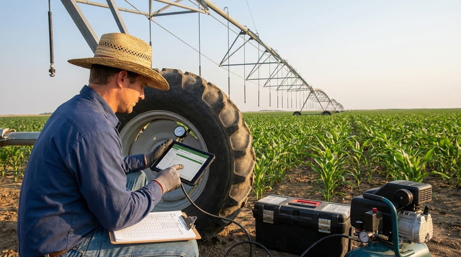 A farmer with a clipboard and pen systematically checking and logging the pressure of irrigation tires on a pivot.