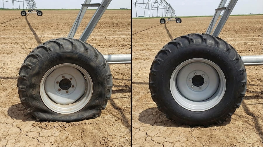 A split image showing a properly inflated irrigation tire on one side and a visibly underinflated, bulging tire on the other.