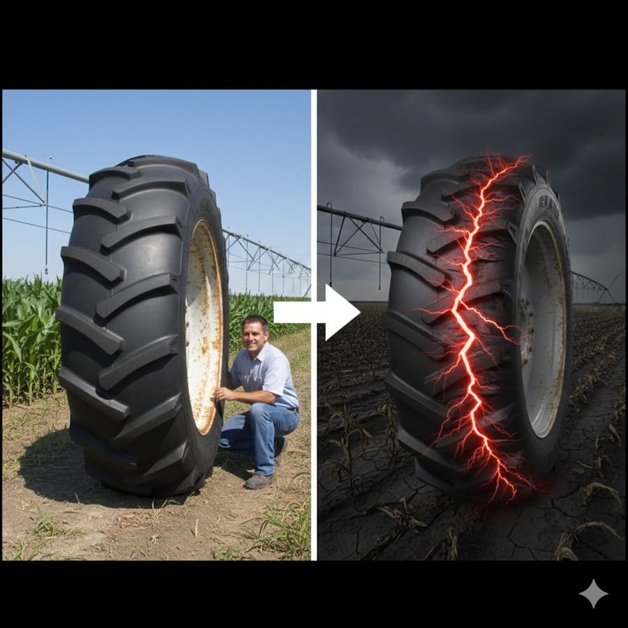 An irrigation tire with good tread next to a cross-section showing internal damage.