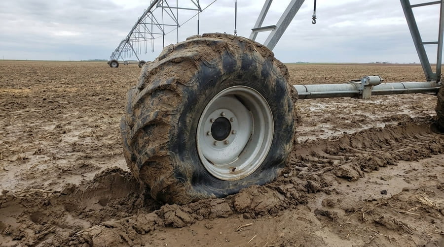 An irrigation tire sinking into soft, muddy soil, showing significant sidewall bulge.