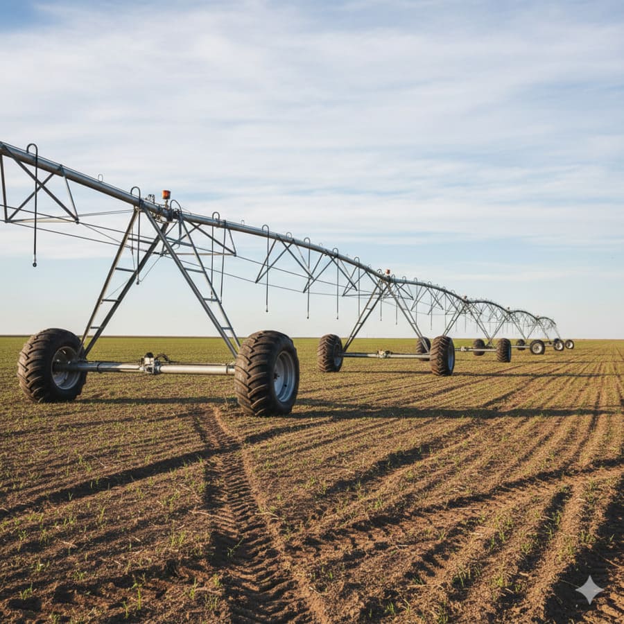 A lineup of different types of irrigation pivots and machines in a field.