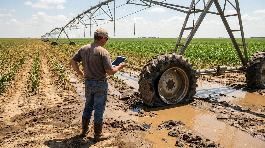 A farmer using a tablet to log irrigation tire pressure data in a field, with the pivot system in the background.