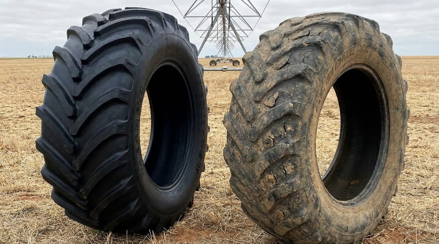 Two irrigation tires of the same size side-by-side, one looking new and the other cracked and worn.