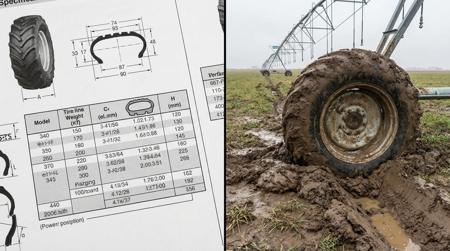 A tire specification sheet contrasted with an image of a tire struggling in a muddy field.