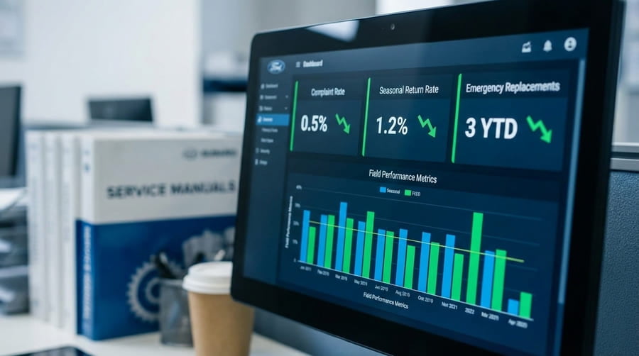 A dashboard showing metrics like "Complaint Rate," "Seasonal Return Rate," and "Emergency Replacements."