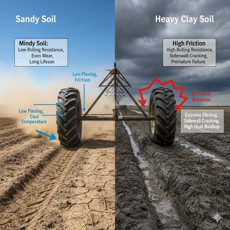 A diagram showing how a tire interacts differently with sandy soil versus heavy clay soil.