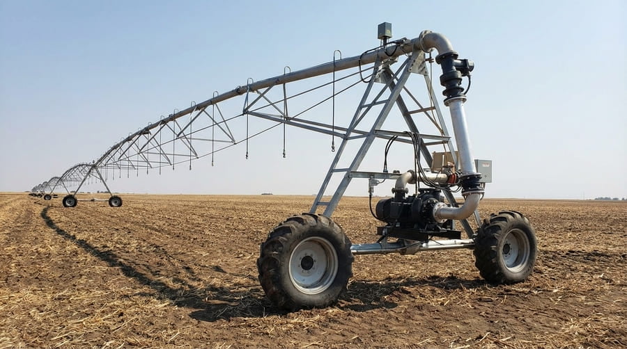 An irrigation pivot with a newly added end gun and booster pump.
