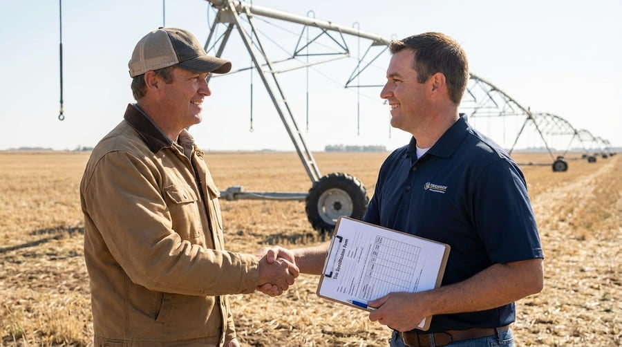 A dealer and a farmer shaking hands over a completed specification form in front of a pivot.